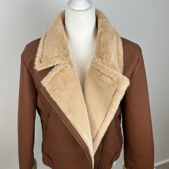 a.n.a. Brown Imitation Leather Coat with Faux Fur Size Large NWT - Picture 2 of 14